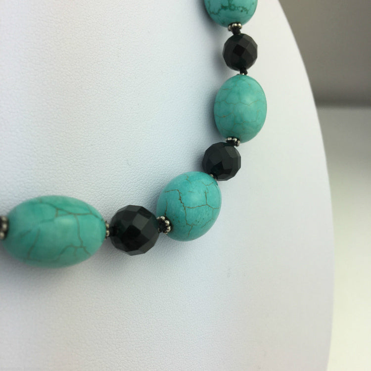 Vintage Lucas Lameth Turquoise and Onyx, sterling silver beads & clasp necklace