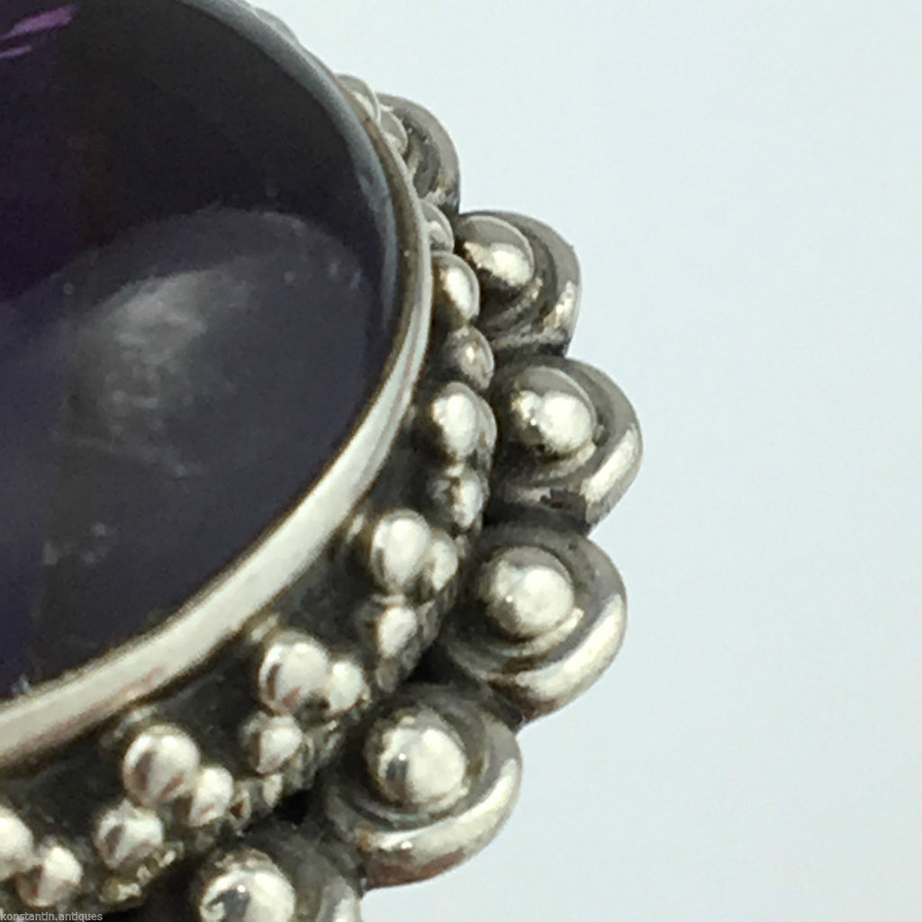 Classic solid silver ring with huge cabochon purple amethyst gemstone
