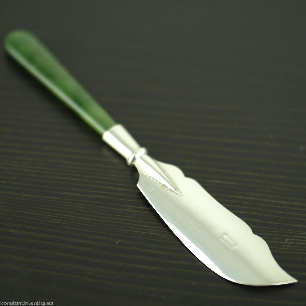 Antique 1900 sterling silver knife green Jade Nephrite handle