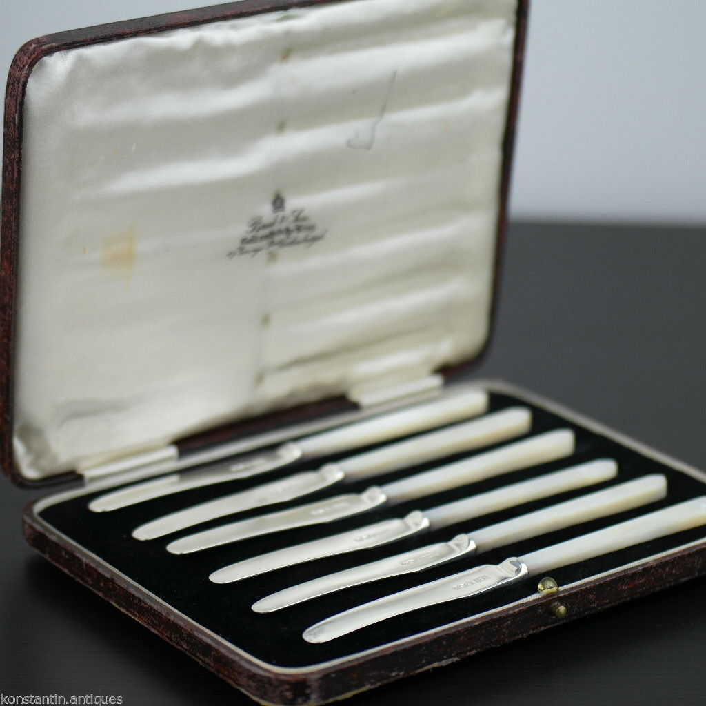 Antique 1932 Sheffield solid silver set of six knives with Nacre handles