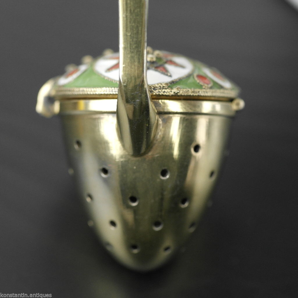 Vintage 916 plata de ley esmalte dorado colador de té ruso Leningrado 