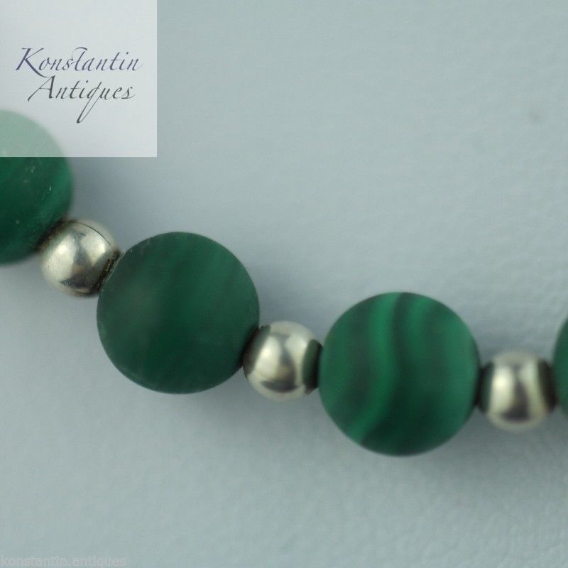 Antique malachite and sterling silver beads necklace
