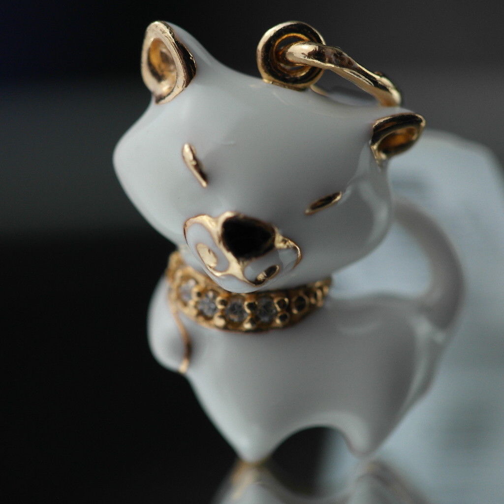 Gold Plated Sterling silver pendant white Enamel Cat with encrusted collar band
