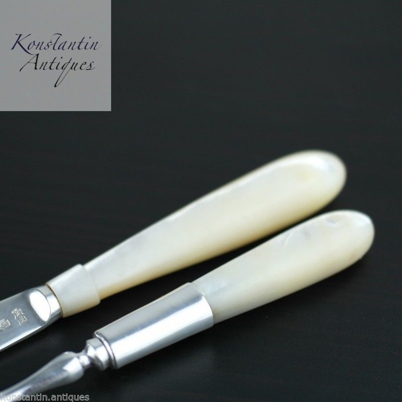 Antikes Set aus 1900er Sterlingsilber mit Perlmutt-MOP-Griffen für Gabel und Messer 