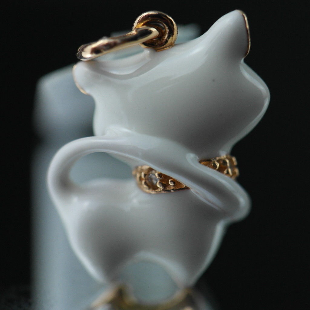 Gold Plated Sterling silver pendant white Enamel Cat with encrusted collar band