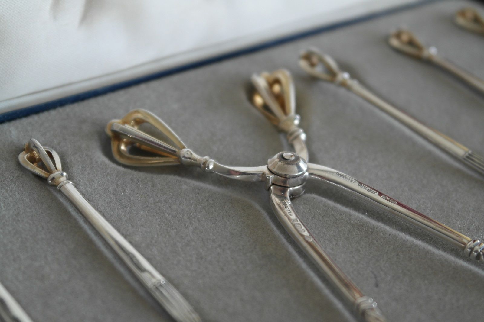Vintage sterling silver set six spoons plus tongs Denmark W&S Sorensen in box