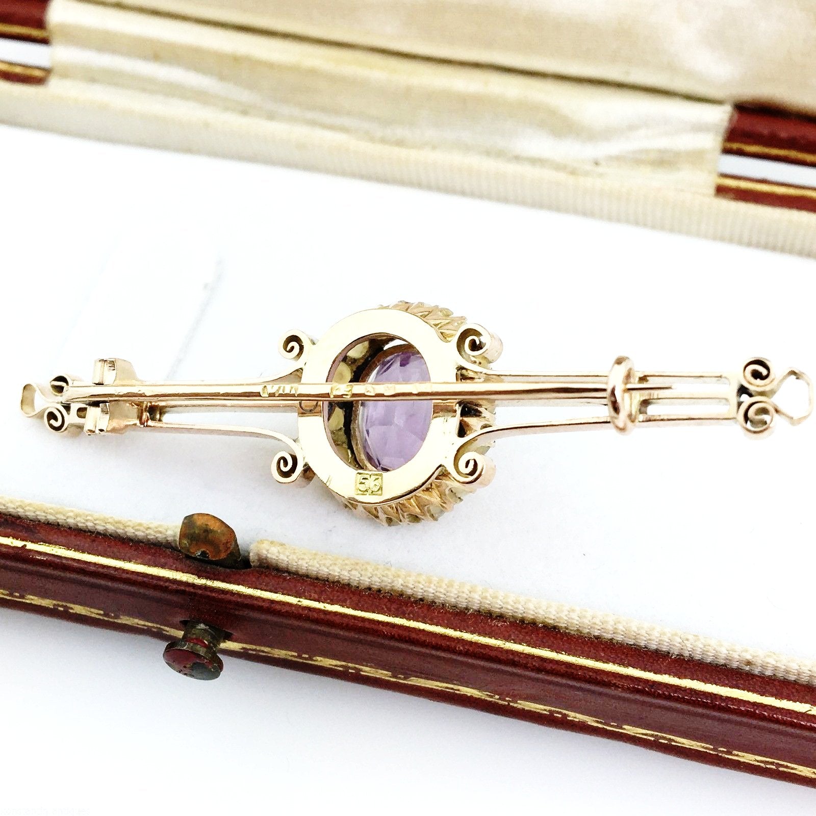 Antique Russian Empire 56 gold brooch with Amethyst and seed pearls cluster