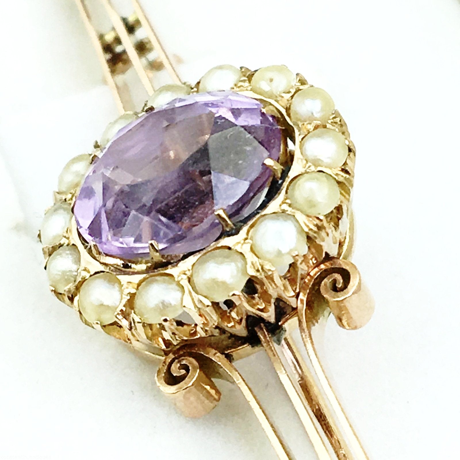 Antique Russian Empire 56 gold brooch with Amethyst and seed pearls cluster