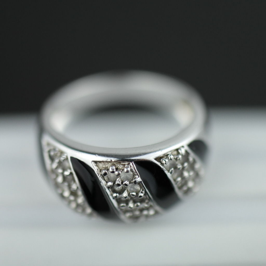 Modern sterling silver ring black enamel with CZ stones Scandinavian style 925