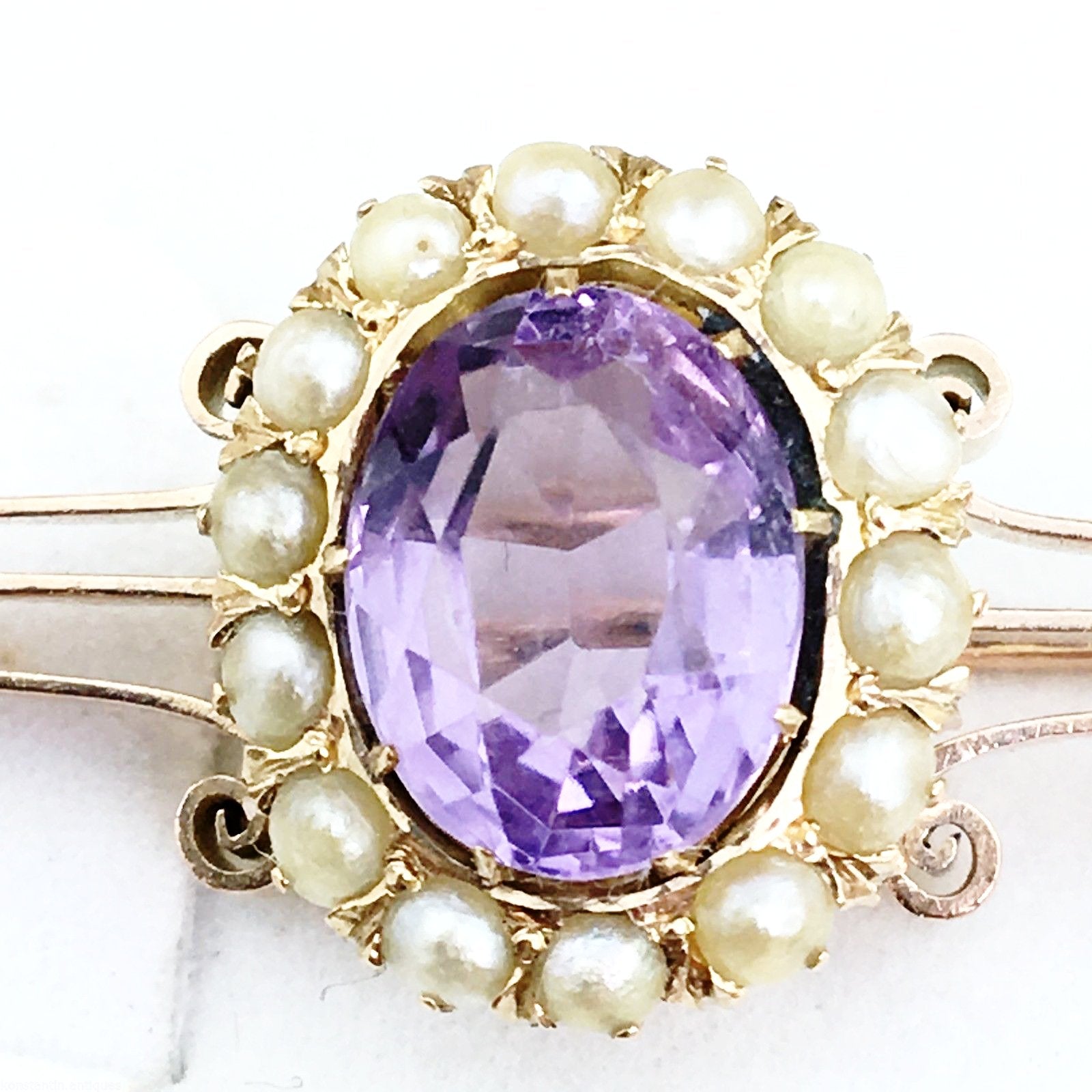 Antique Russian Empire 56 gold brooch with Amethyst and seed pearls cluster
