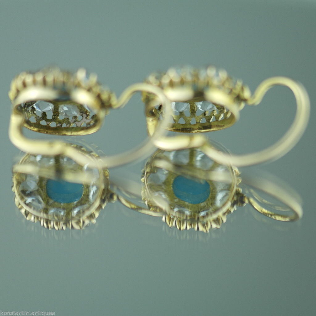 Pendientes antiguos de oro de 14 quilates / 56, grupo de turquesas y pedrería del Imperio Ruso