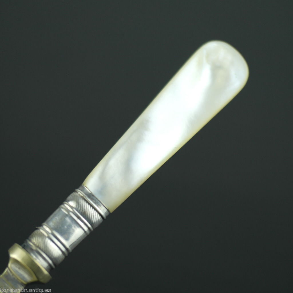 Antique table fork with mother of pearl handle Sheffield silver plate Diablo