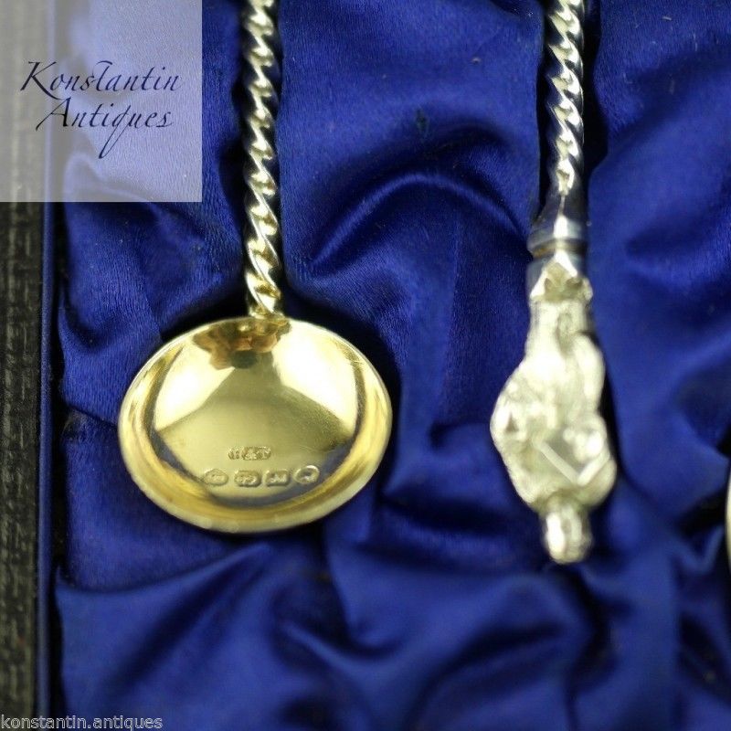 Antiguas cucharas de apóstol victorianas de plata de ley de 1883 chapadas en oro 4+1 juego en caja