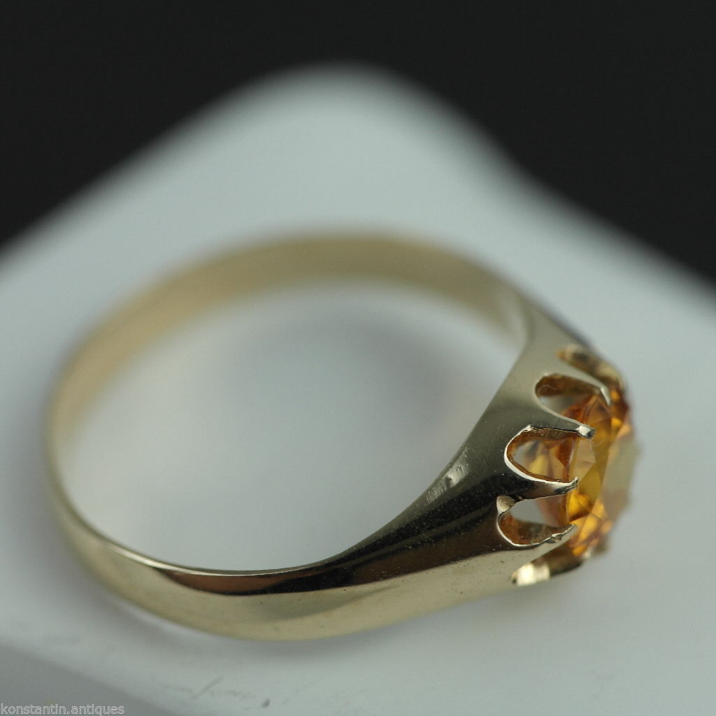 Anillo de oro antiguo de 14 quilates con topacio imperial talla brillante 56 Imperio Ruso