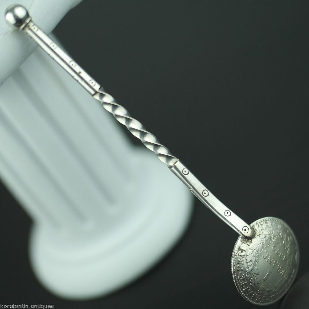 Cuchara de moneda de plata maciza antigua de 1872 Francia Republique Liberte 1 Franc