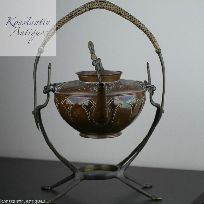 Art Nouveau WMF Copper Tea Coffee Spirit Kettle on Pewter stand Antique