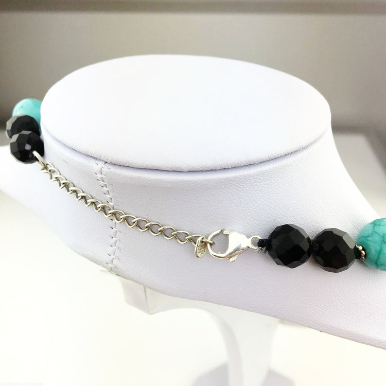 Vintage Lucas Lameth Turquoise and Onyx, sterling silver beads & clasp necklace