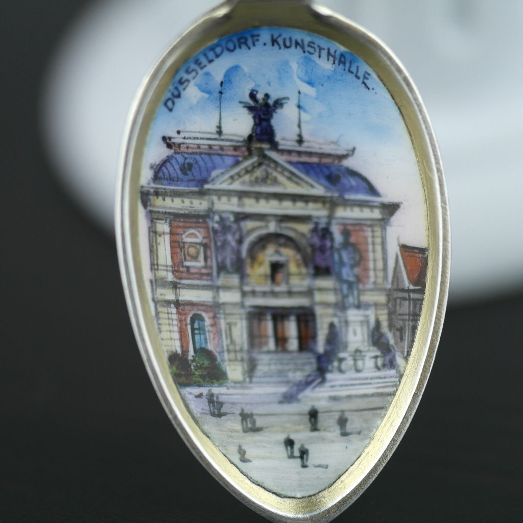 Antique enamel picture solid silver spoon German Dusseldorf Konsthalle 800