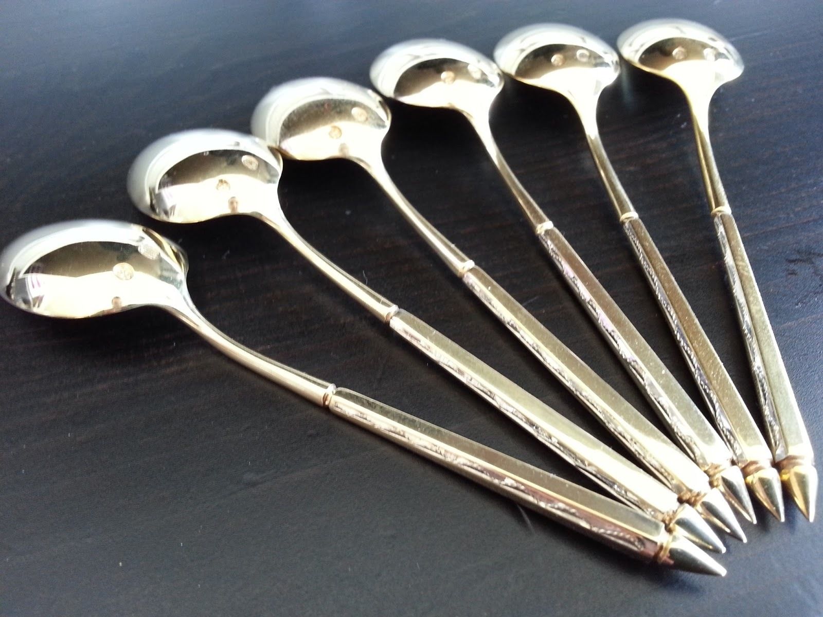Vintage set of six Sterling silver gold plated coffee spoons Denmark 925 S 55