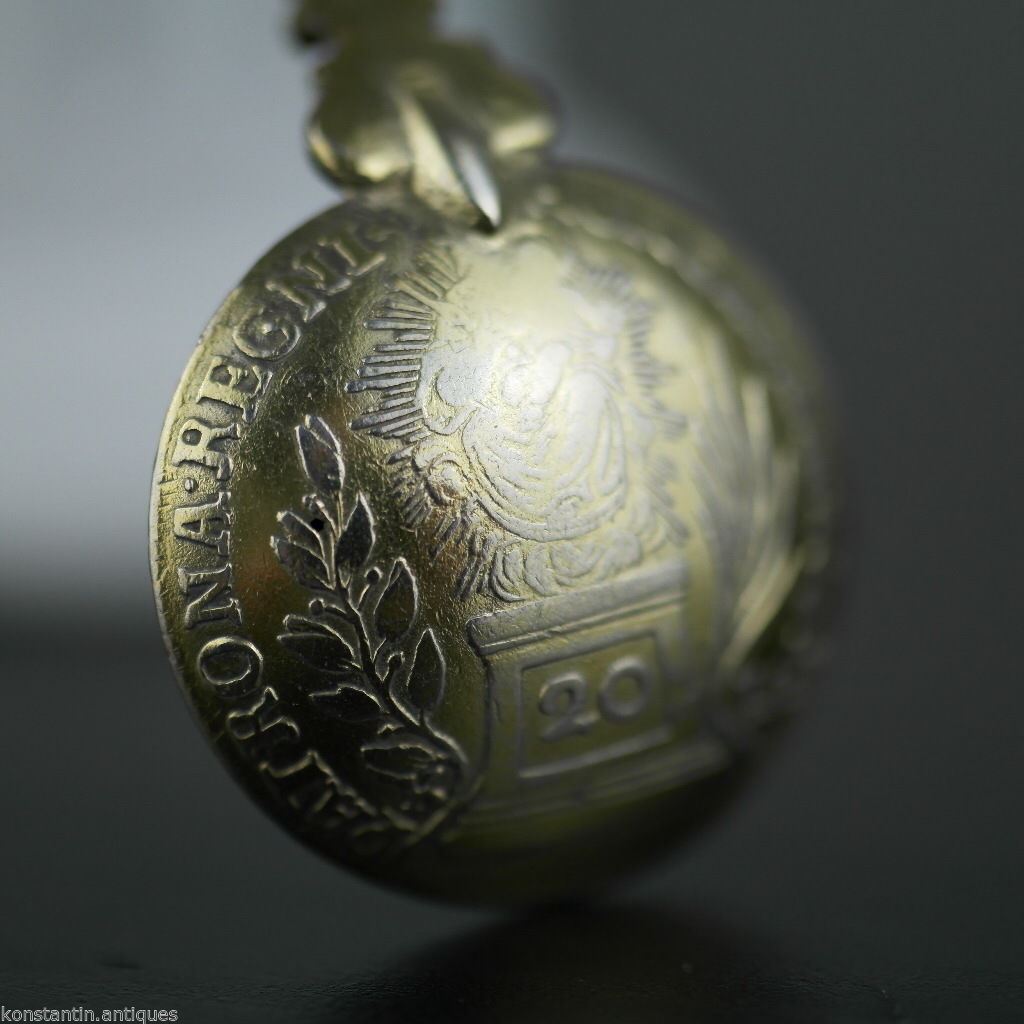 Antiguo 1763 plata dorada 20 Kreuzer moneda cuchara Theresia Imperio Austriaco 800
