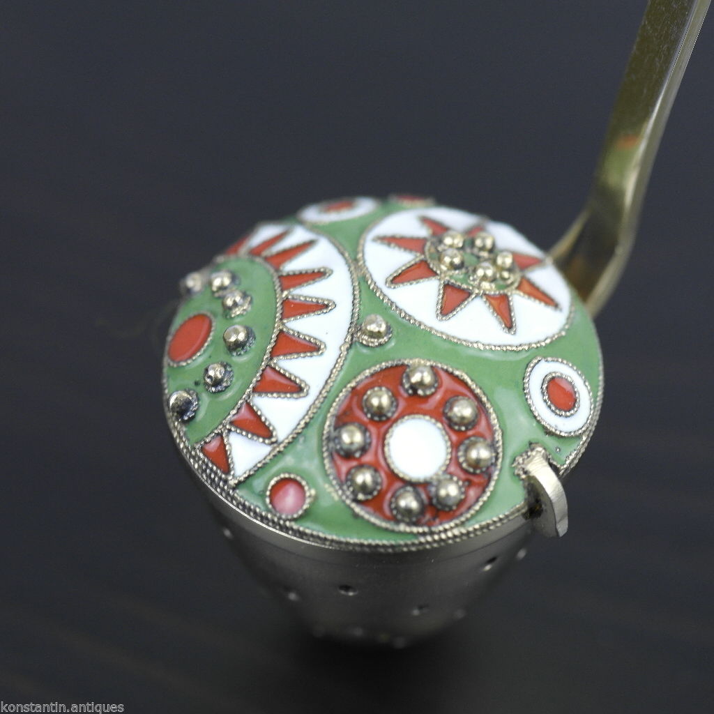 Vintage 916 sterling silver enamel gilt tea strainer Russian Leningrad