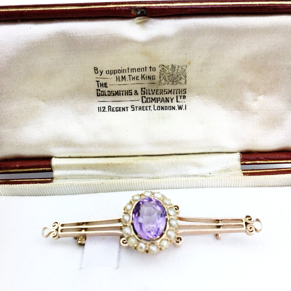 Antike russische Empire-Brosche aus 56-Gold mit Amethyst- und Saatperlengruppe