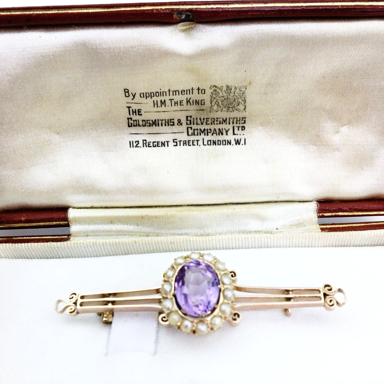 Antique Russian Empire 56 gold brooch with Amethyst and seed pearls cluster