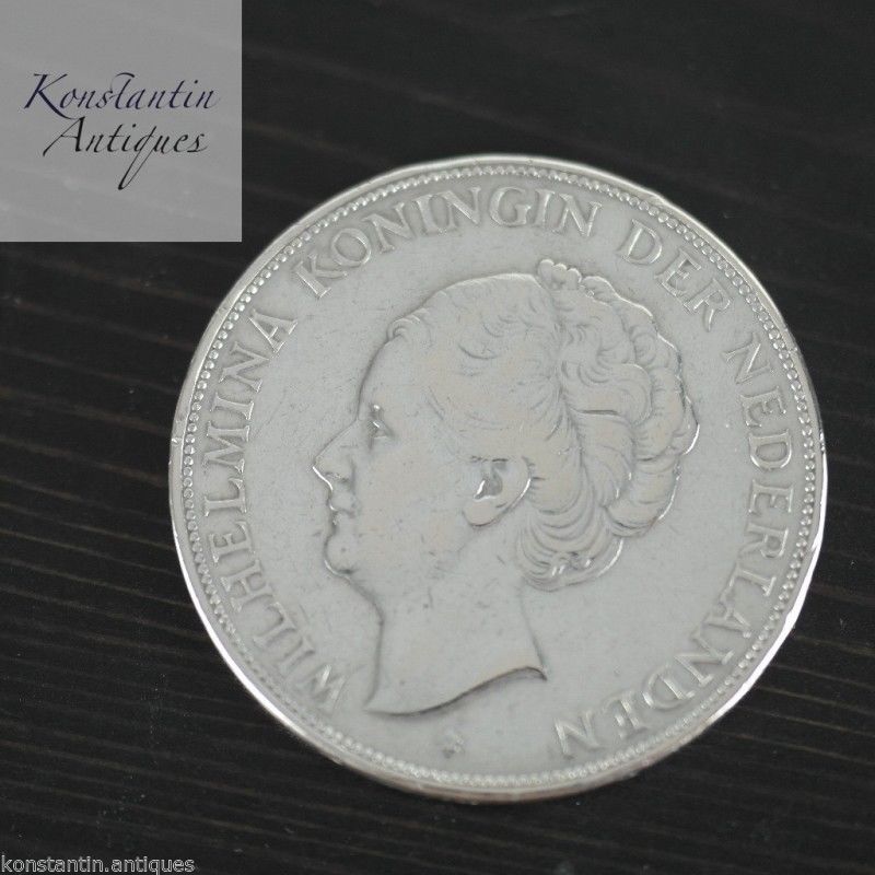 Moneda de plata maciza vintage de 1930 2,5 Gulden Wilhelmina Reina de los Países Bajos