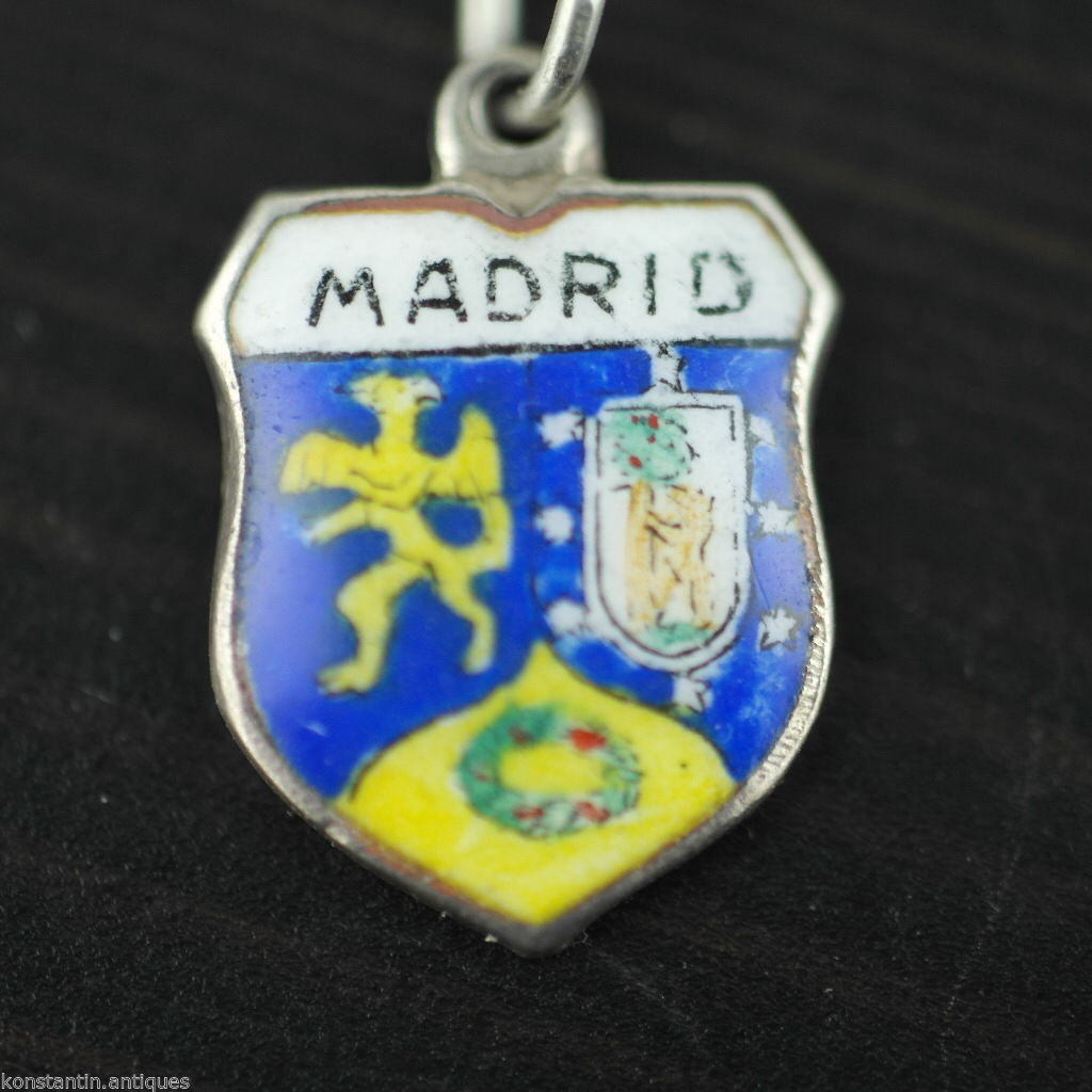 Vintage enamel solid silver charm pendant MADRID rare SPAIN 800