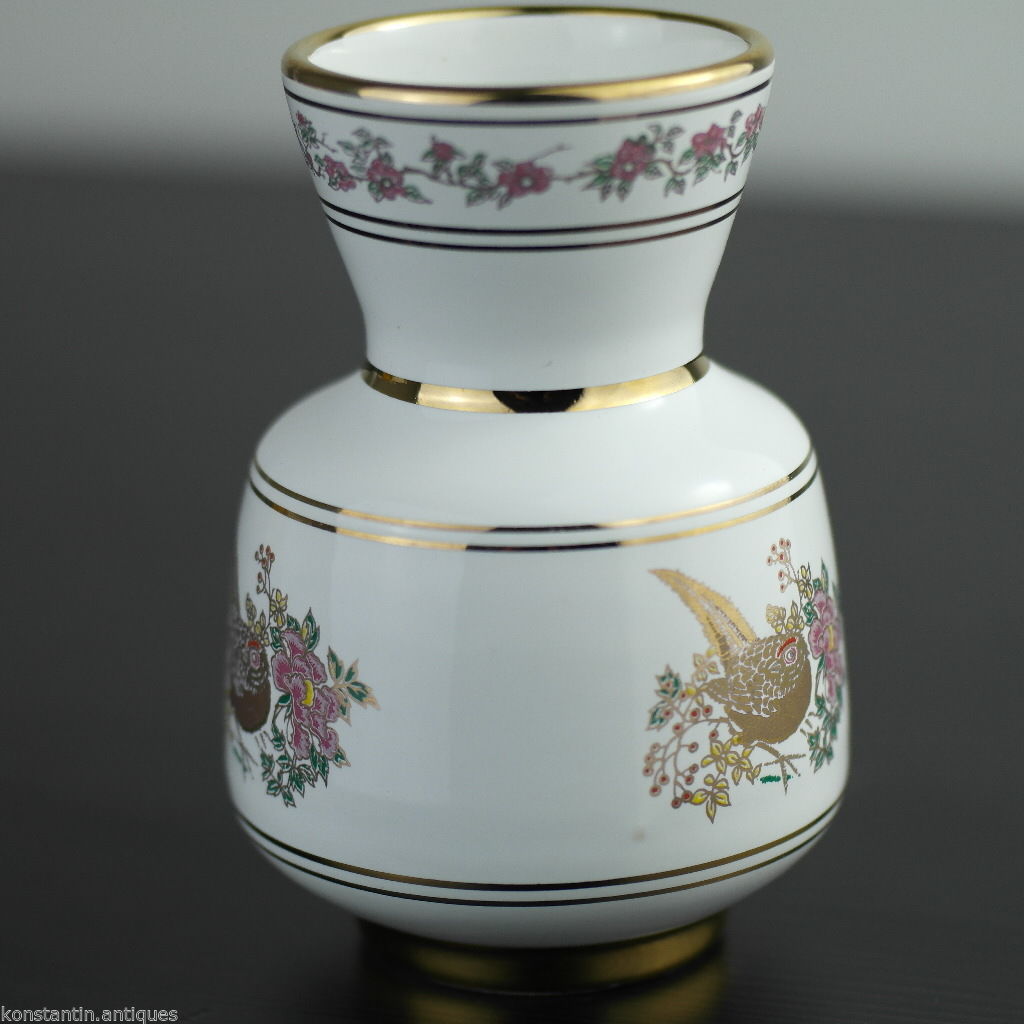 Vintage Greek 24ct Gold plated white pottery vase jug Pheasant in flowering bushes