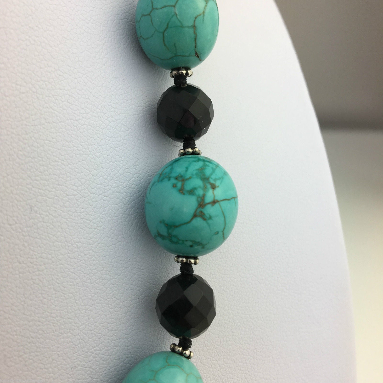 Vintage Lucas Lameth Turquoise and Onyx, sterling silver beads & clasp necklace