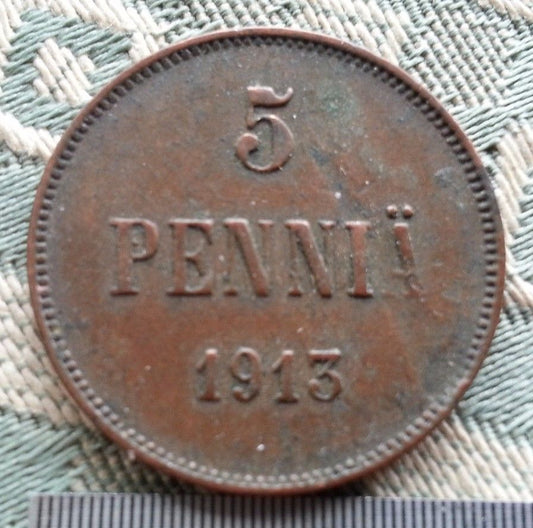 Antique 1913 coin 5 kopeks pennia Emperor Nicholas II of Russian Empire Finland