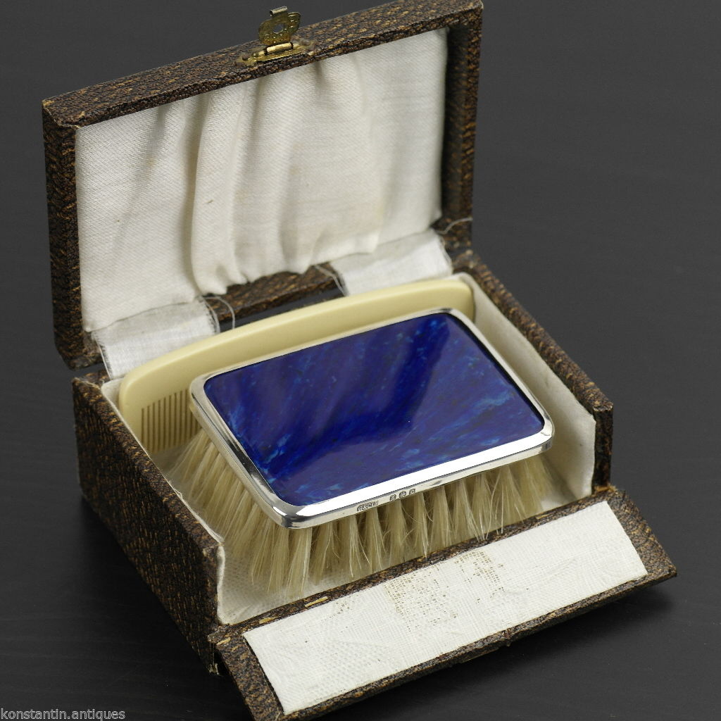 Antique 1927 sterling silver lapis lazuli brush and comb Birmingham