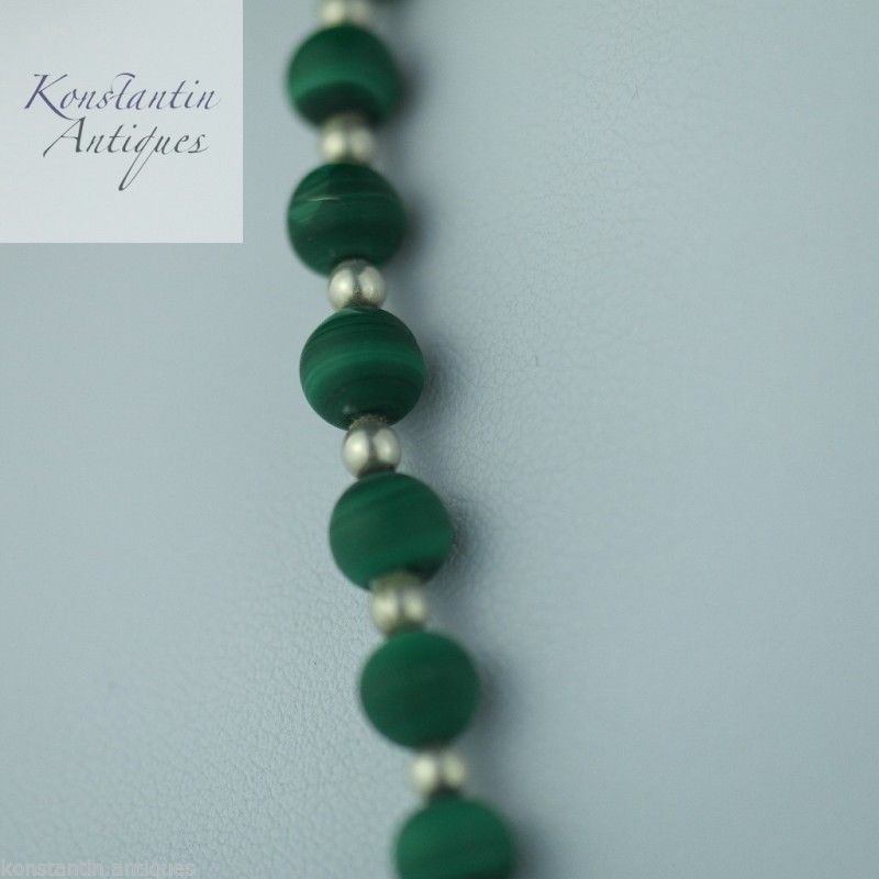 Antique malachite and sterling silver beads necklace