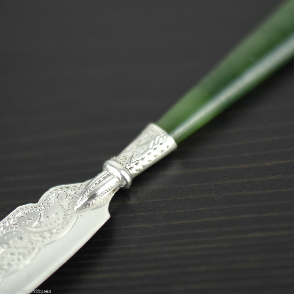 Antique 1900 sterling silver knife green Jade Nephrite handle