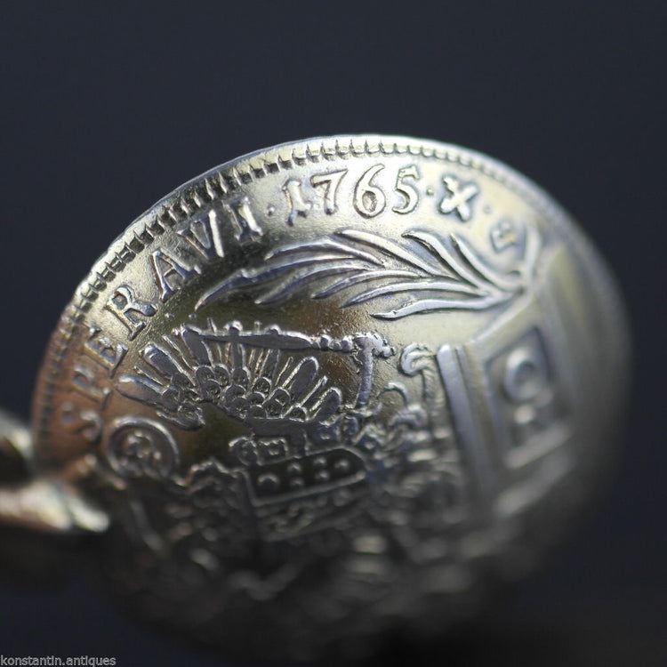 Antique 1765 gild silver 20 Kreuzer coin spoon Franc Austrian Empire 800 German
