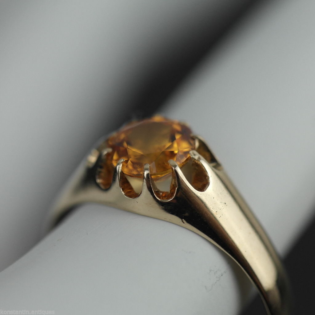 Anillo de oro antiguo de 14 quilates con topacio imperial talla brillante 56 Imperio Ruso