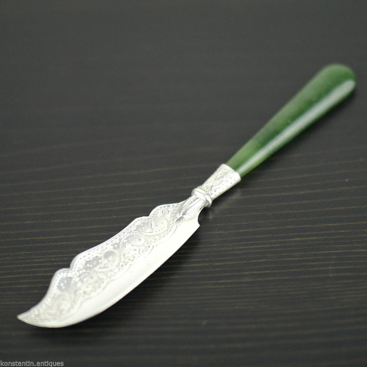Antique 1900 sterling silver knife green Jade Nephrite handle