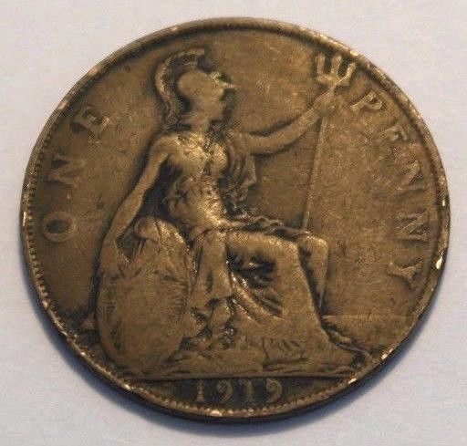 Antique 1919 one penny coin George V British Empire