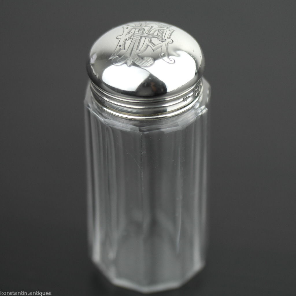 Antigua botella de tocador de vidrio tallado de 1892 con tapa de plata de ley y Londres