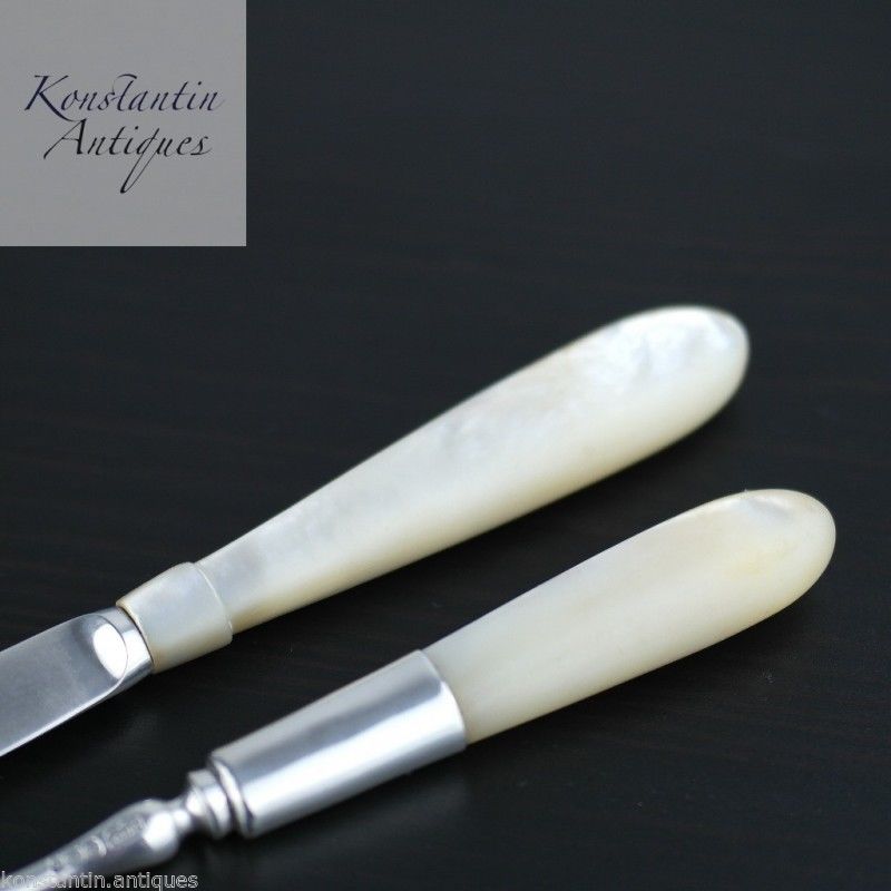 Antikes Set aus 1900er Sterlingsilber mit Perlmutt-MOP-Griffen für Gabel und Messer 