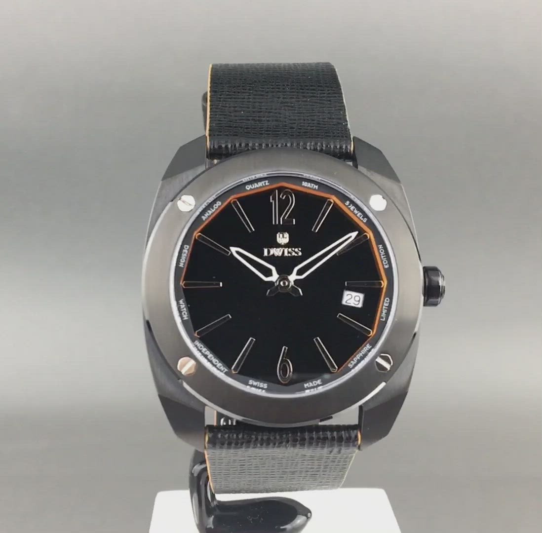 DWISS Limited Edition Swiss quartz black dial wristwatch with strap
