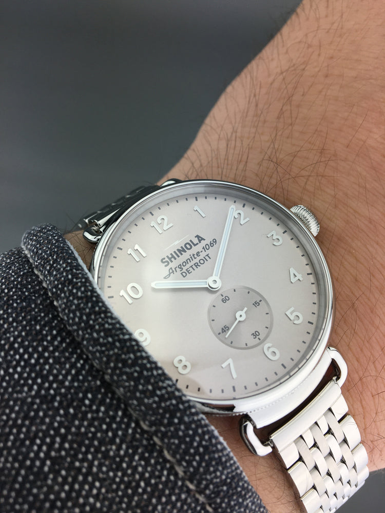 Shinola The Canfield wrist watch with sandy dunes of Michigan’s grey dial