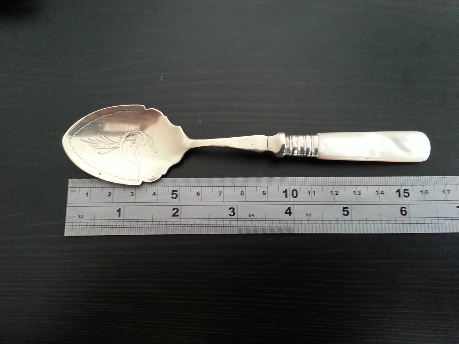 Antique silver plated desert spoon Nacre MOP handle