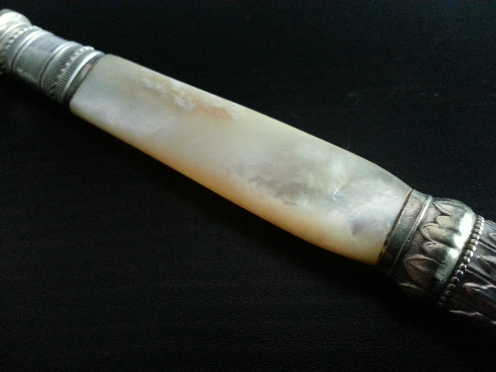 Antique silver plated ornamented fish fork mother of pearl handle MOP Nacre
