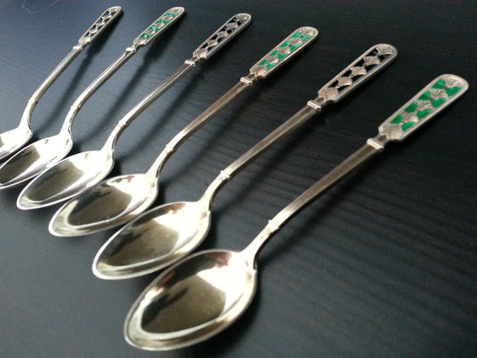 Antique set of six solid silver gilt enamel tea spoons David Andersen Norway