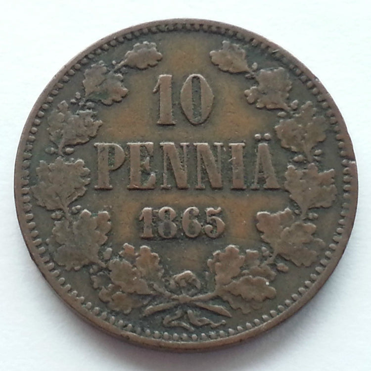 Antike 10-Pennia-Münze von 1865, Kaiser Alexander II. des Russischen Reiches und Finnlands