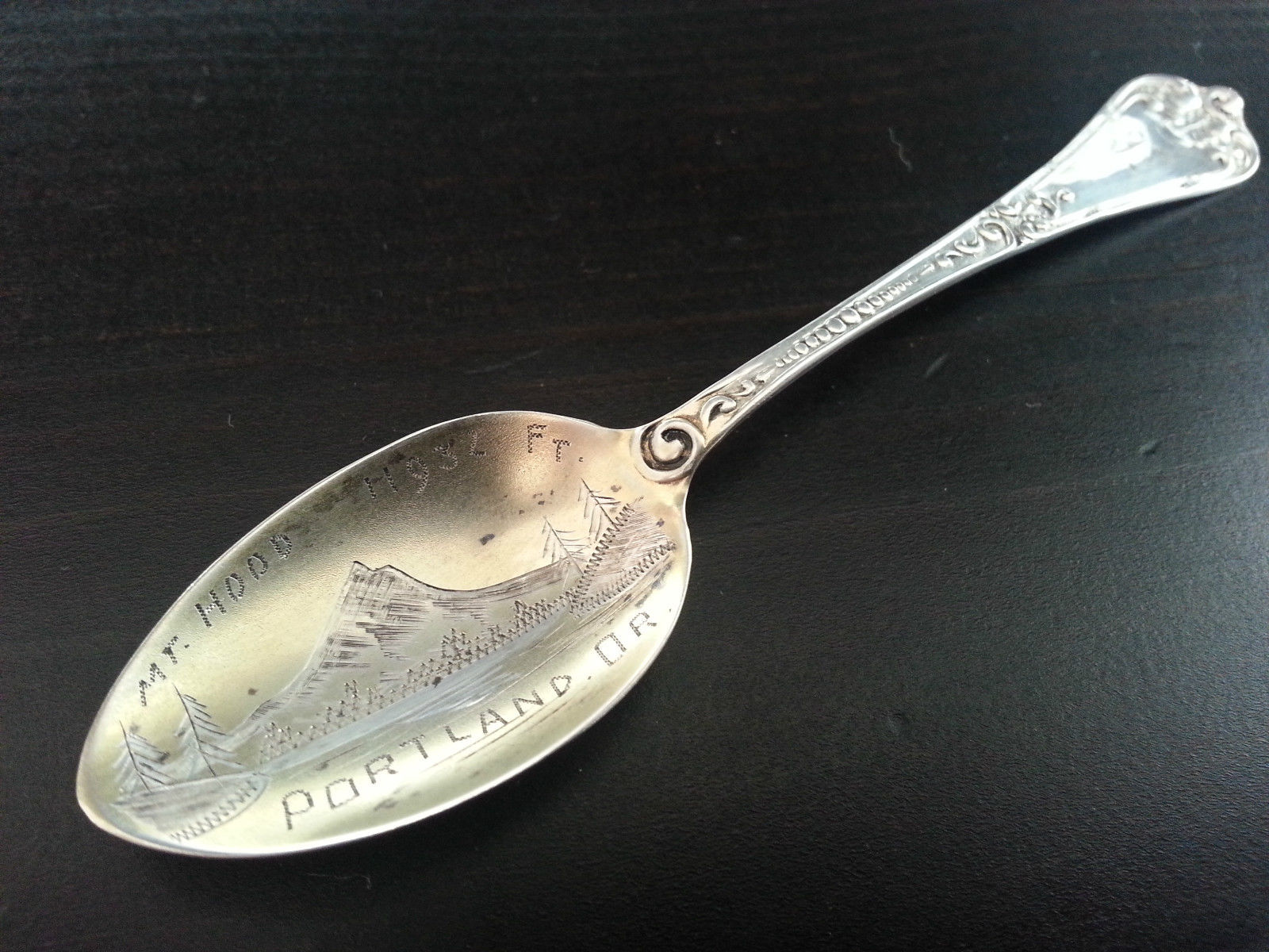 Cuchara de plata de primera ley chapada en oro antiguo USA Portland Or.