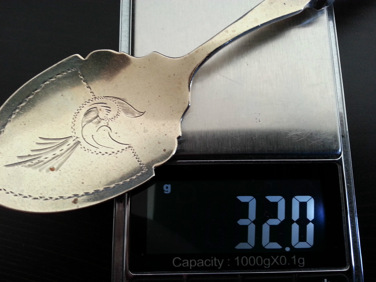 Antique silver plated desert spoon Nacre MOP handle