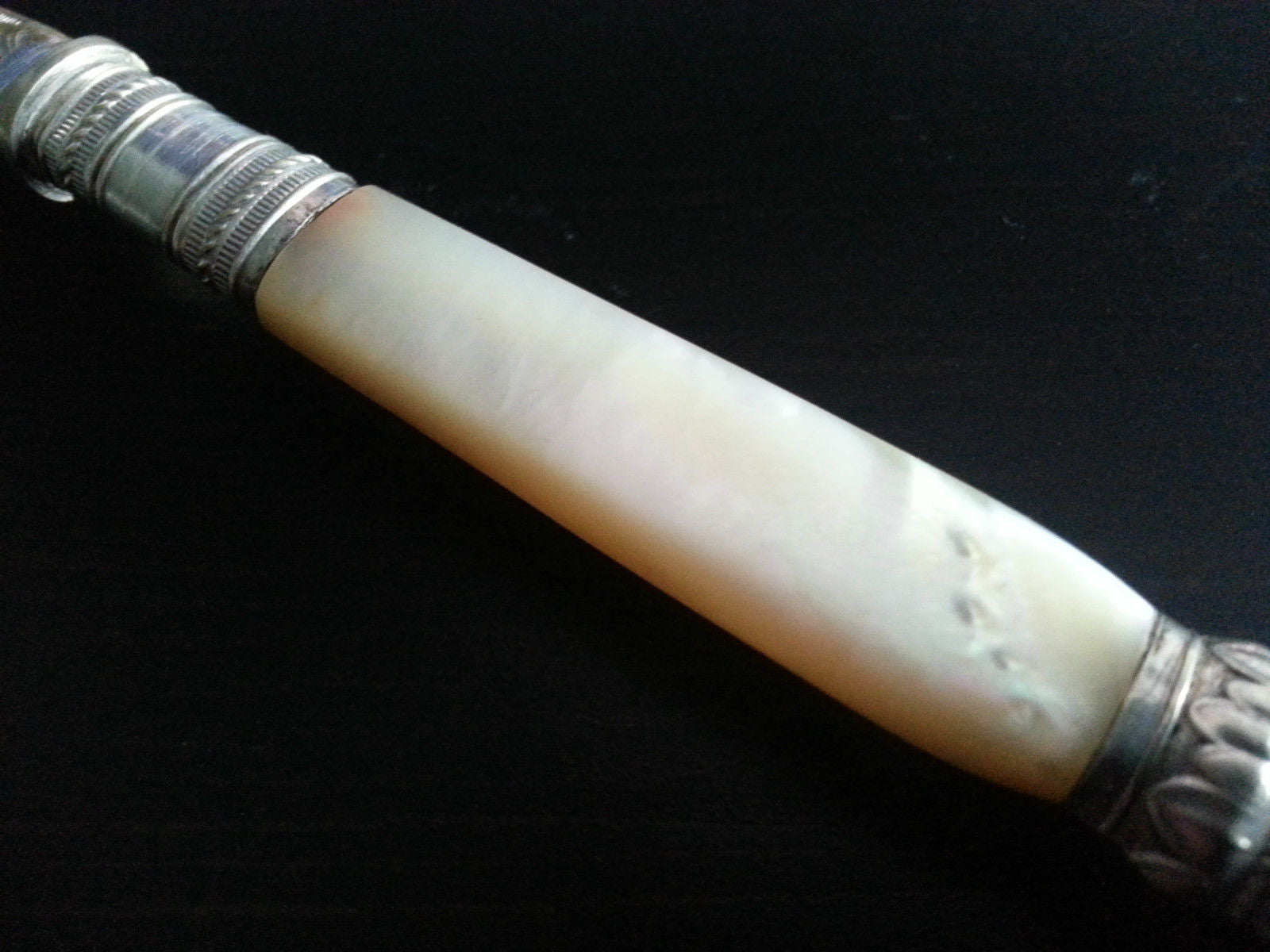 Antique silver plated ornamented fish fork mother of pearl handle MOP Nacre